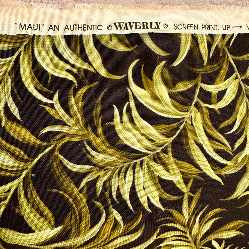Vintage Waverly Maui fabric. Green & Black tropical, palm leaves.  7+ yds